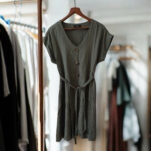 Papillon Green Button-Down Dress Tie Cinched Waist Viscose Linen Blend Size XXL